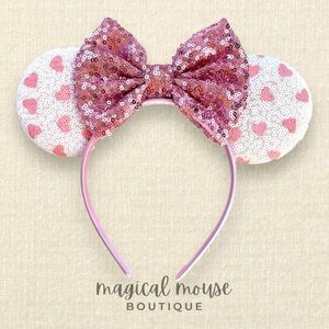 Valentine’s Pink Hearts Sequin Minnie Ears – Disney-Inspired Mouse Ears Headband